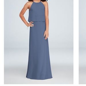 David’s Bridal Steel Blue Flounced Crinkle Chiffon Sheath Dress - Size 10